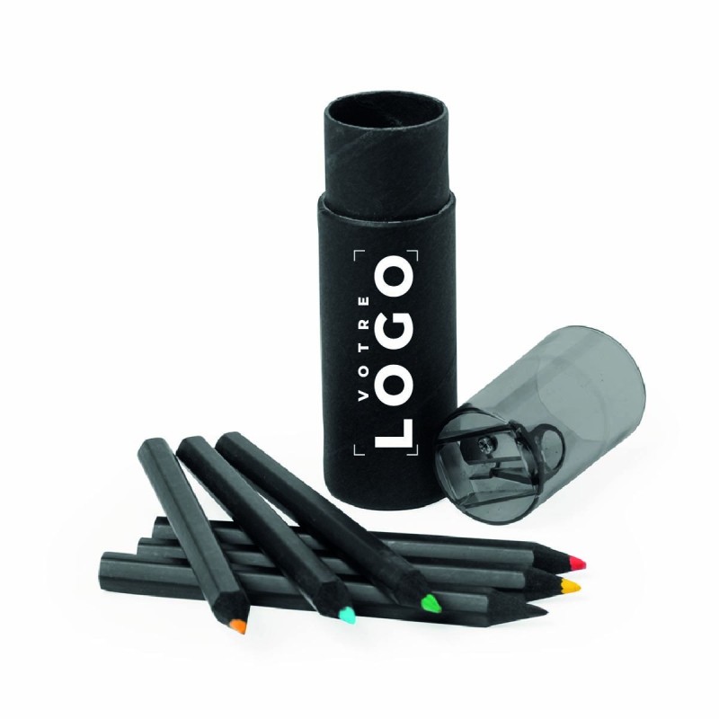 Boite cylindrique de crayons de couleur en bois noir