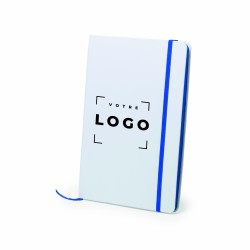 Bloc-notes blanc en carton avec élastique bleu, carnet élégant pour le bureau et le quotidien.