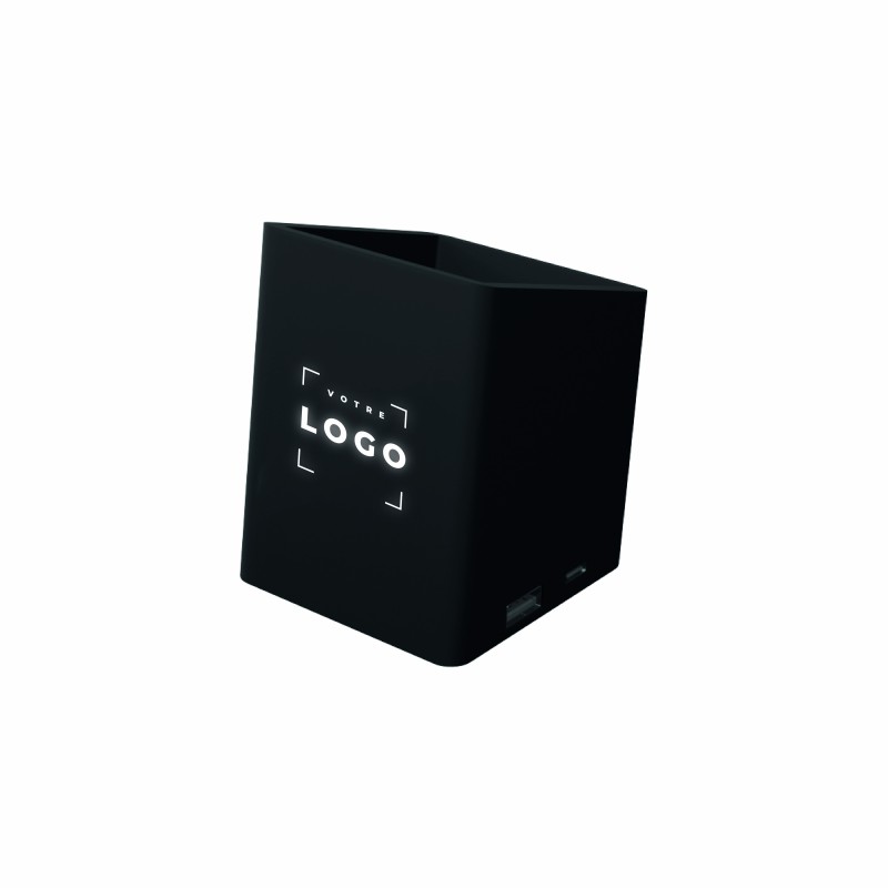 Pot à crayons noir avec logo lumineux – accessoire élégant et pratique pour bureau ou organisation