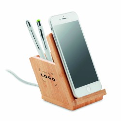 Pot à crayons avec chargeur à induction en bambou – accessoire écologique et pratique pour bureau ou organisation