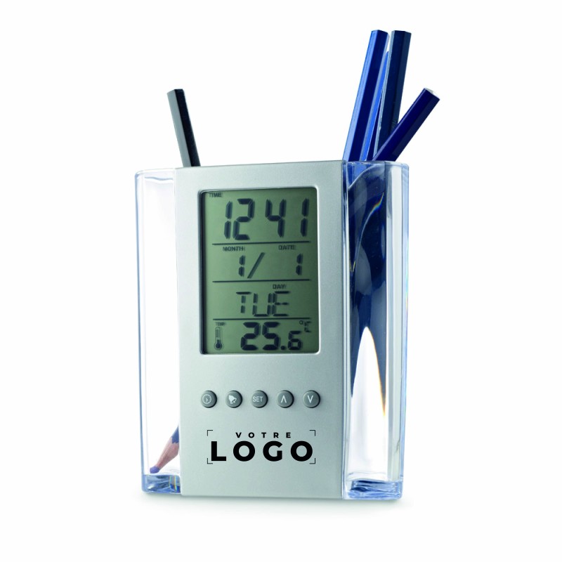 Pot à crayons avec horloge en acrylique – accessoire pratique et élégant pour bureau ou organisation