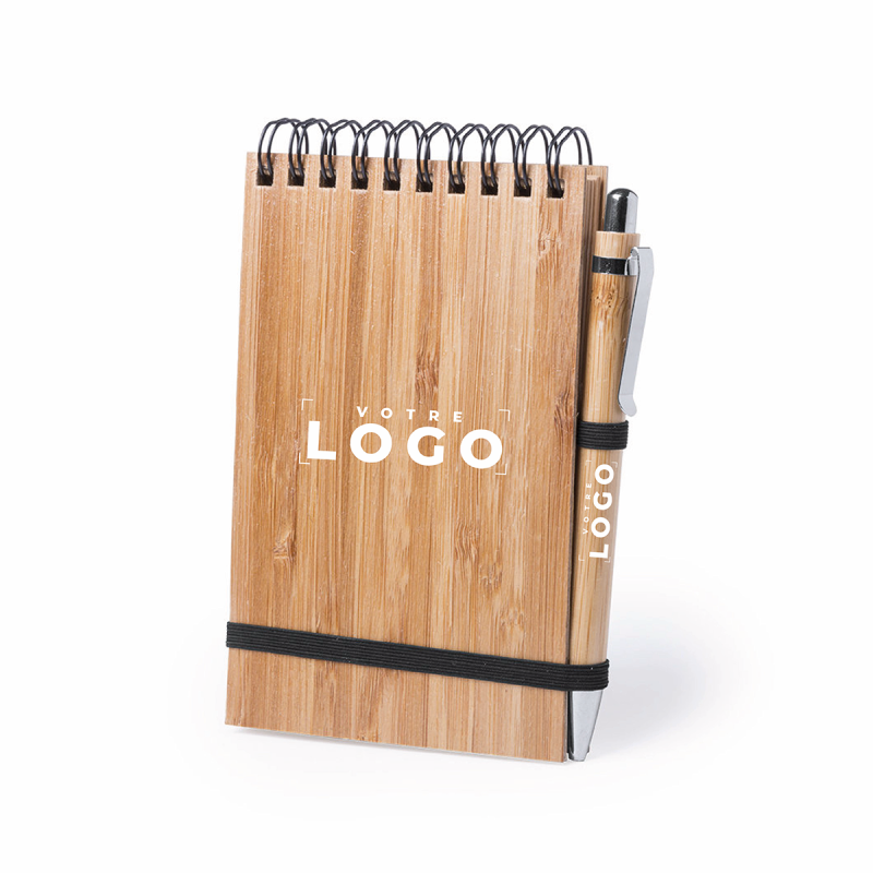 Carnet avec couverture rigide en bambou et stylo assorti – carnet écologique et élégant pour notes et idées