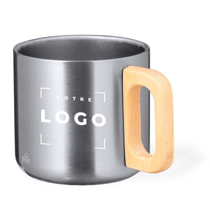 Tasse en acier inoxydable recyclé avec poignée en bois - 400ml
