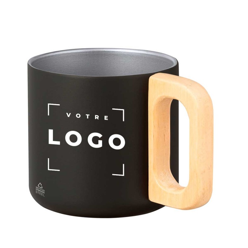 Tasse en acier inoxydable recyclé avec poignée en bois - 400ml