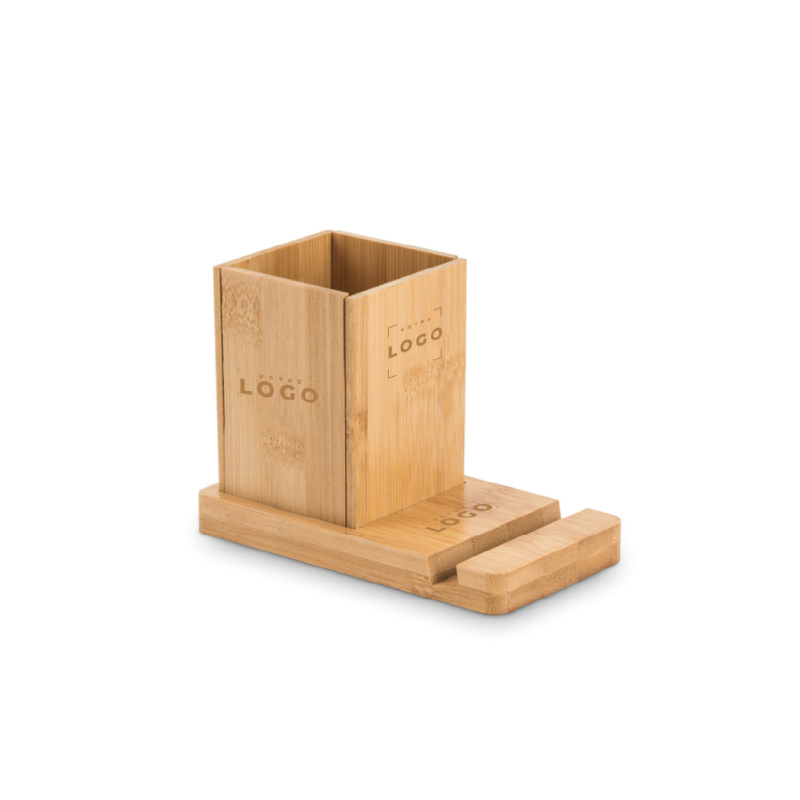 Ensemble de bureau en bambou personnalisable | Support téléphone