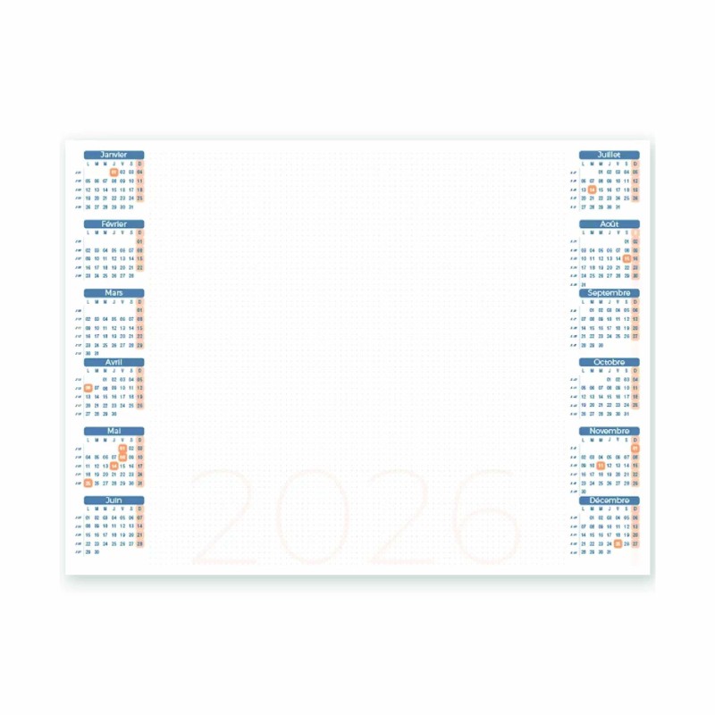 Sous-main 12 mois personnalisé avec grille calendaire