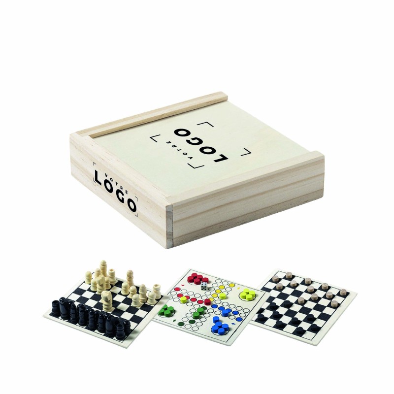 Jeu de société personnalisé – Coffret échecs, parcheesi et dames