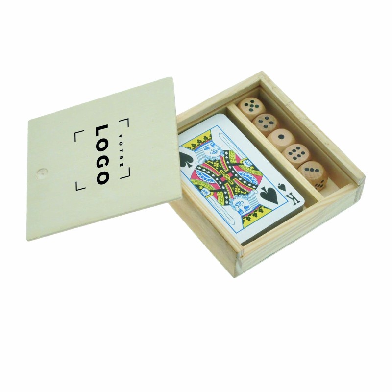 Coffret de jeu de 54 cartes et 5 dés en bois personnalisé