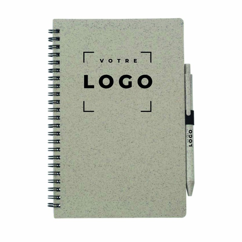 Carnet A5 fibre de paille personnalisable | Stylo inclus