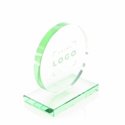 Trophée en verre ronde personnalisable – Base carrée, gravure laser