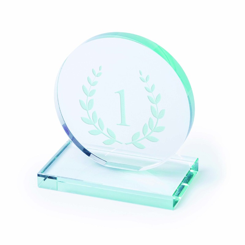 Trophée en verre ronde personnalisable – Base carrée, gravure laser