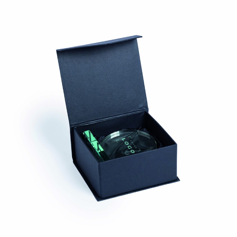Trophée en verre ronde personnalisable – Base carrée, gravure laser